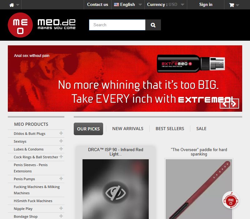 MEO gay sex shop homepage